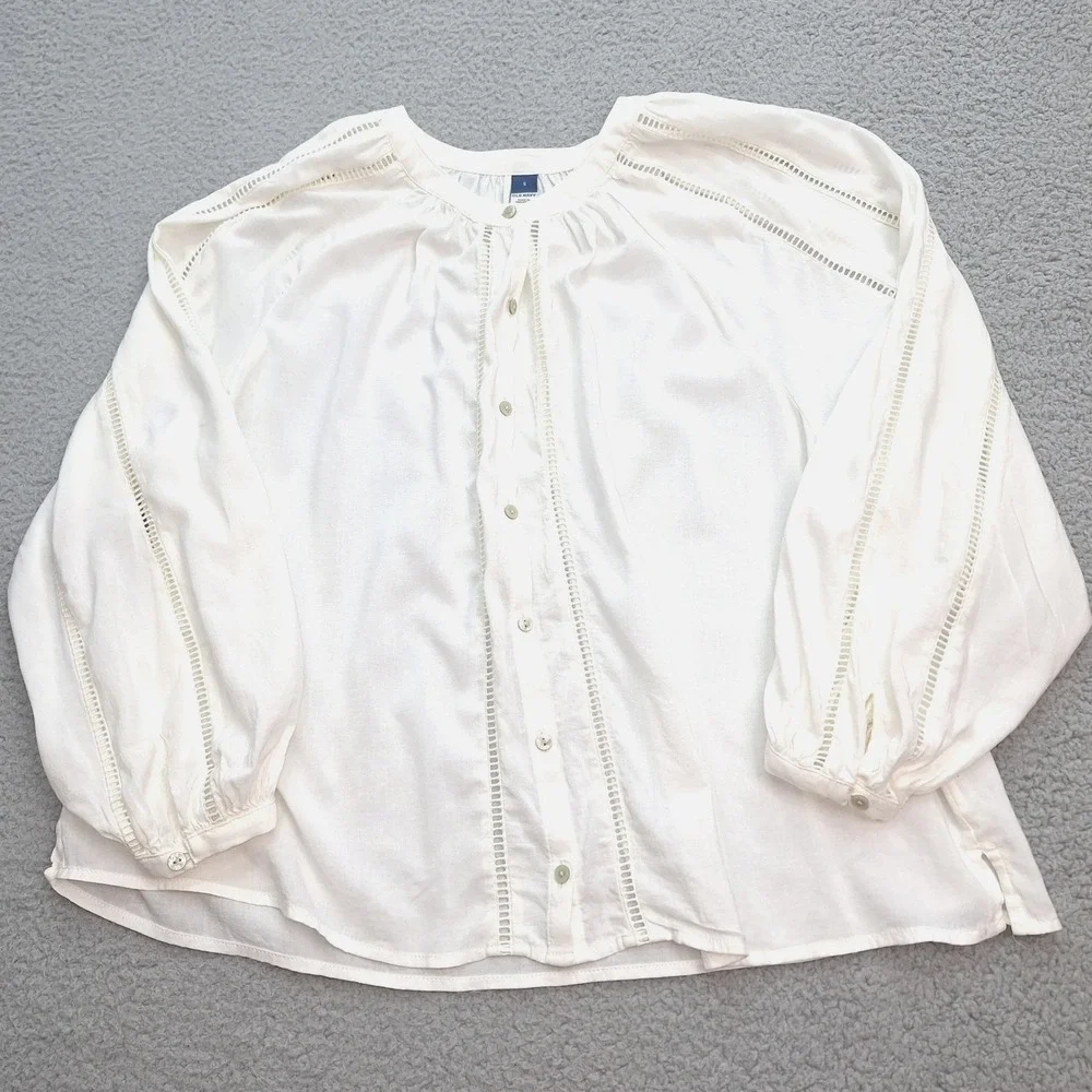 Old Navy Blouse Womens Small White Embroidered‎ Button Front Boho Cottagecore
